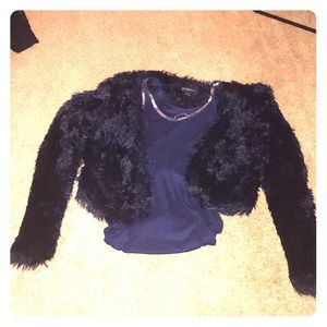 faux fur jacket, tank silver trim both dark blue